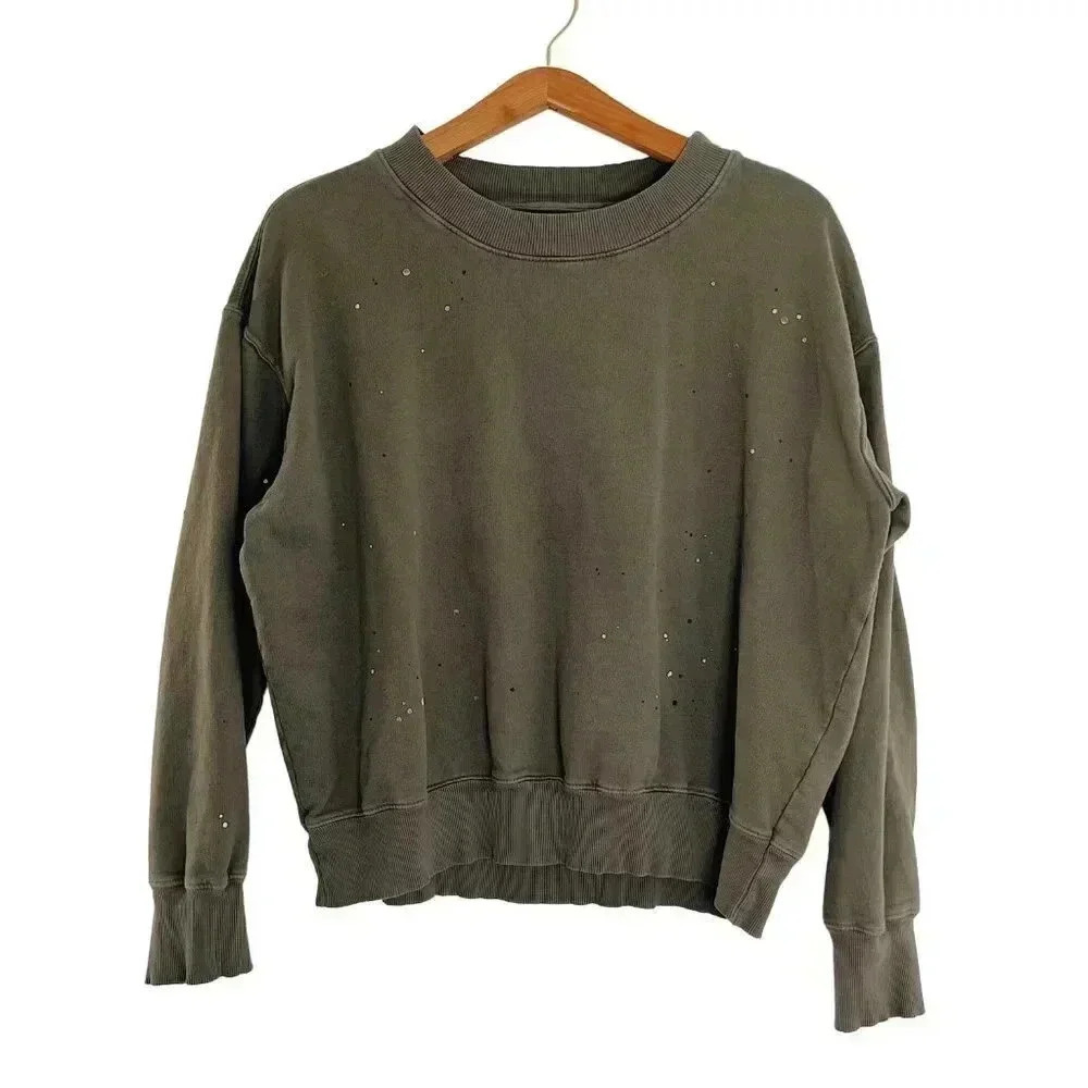 Sundry Army Green Gold Paint Splattered Crewneck Sweatshirt Distressed Size 4